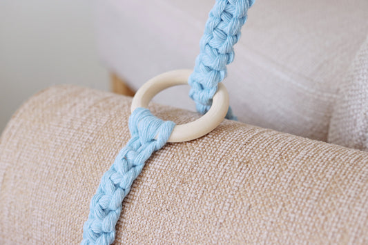 blue macramé yoga mat strap